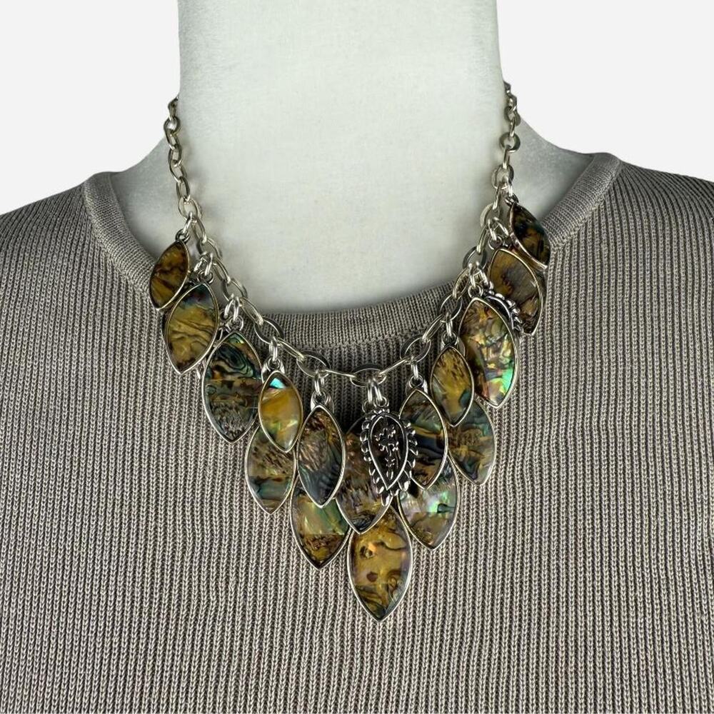 Feather statement necklace silver green blue iridescent